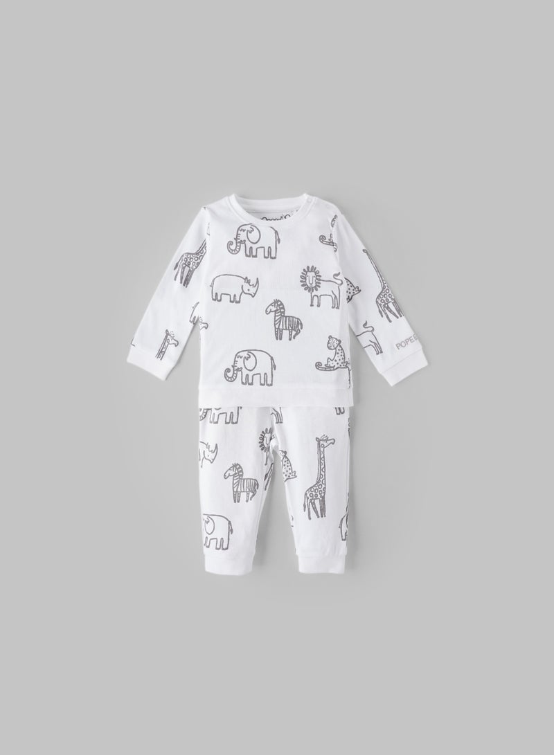 Popees Baby Boys Cotton Coordinated Set | Full Sleeve Top & Bottom | White Jungle Animal Print Sleepwear for Infants & Toddlers - Image 1