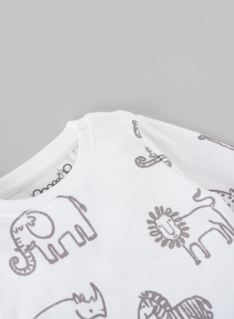 Popees Baby Boys Cotton Coordinated Set | Full Sleeve Top & Bottom | White Jungle Animal Print Sleepwear for Infants & Toddlers - Image 3