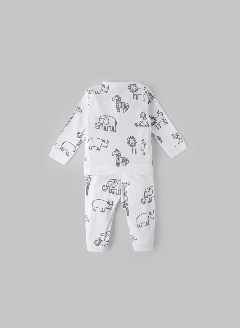 Popees Baby Boys Cotton Coordinated Set | Full Sleeve Top & Bottom | White Jungle Animal Print Sleepwear for Infants & Toddlers - Image 2