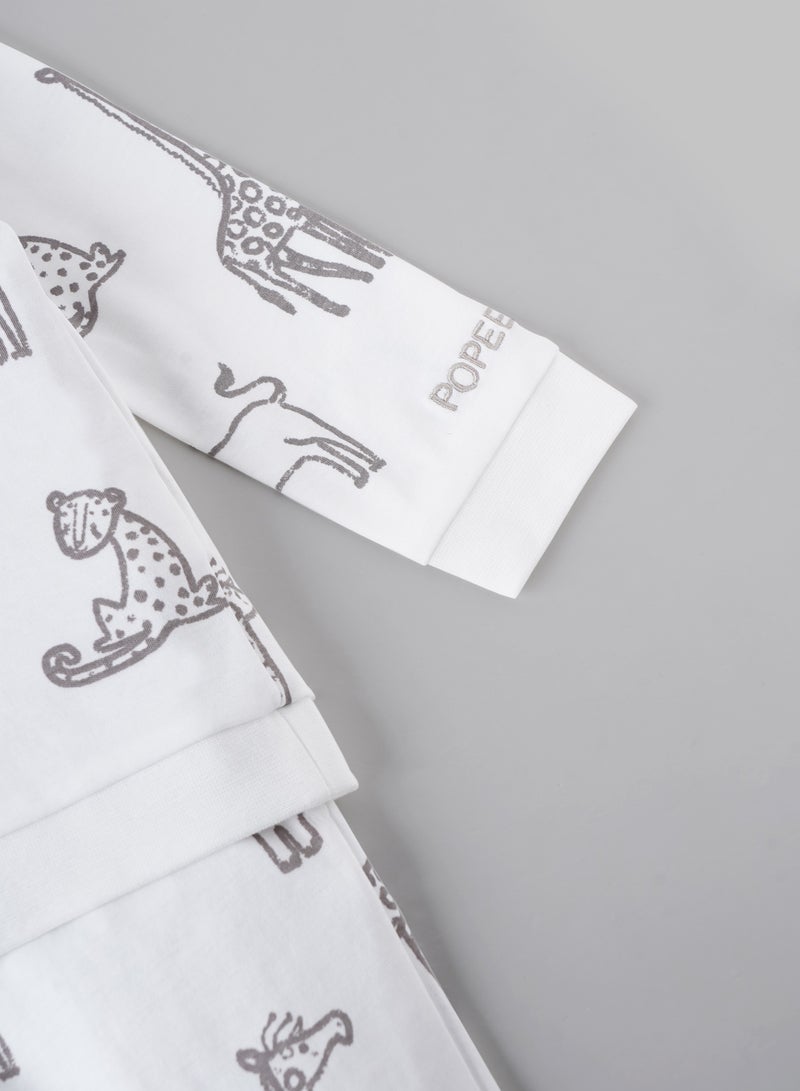 Popees Baby Boys Cotton Coordinated Set | Full Sleeve Top & Bottom | White Jungle Animal Print Sleepwear for Infants & Toddlers - Image 4