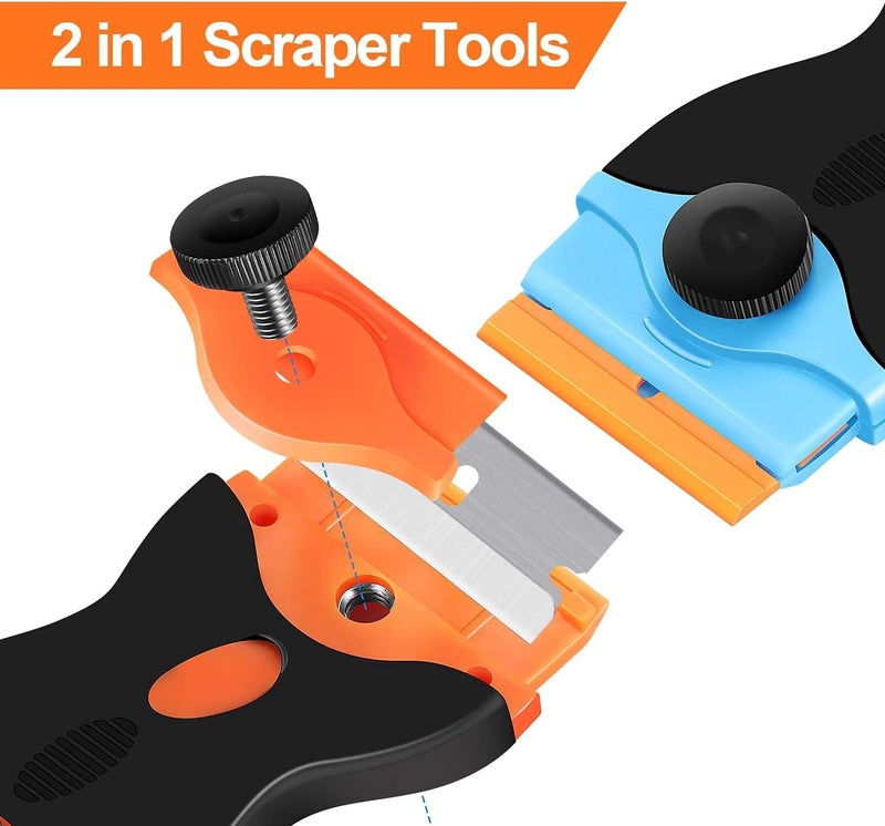 2 Pack Razor Blade Scraper, 2-in-1 Scraper Tool with 10 Pcs Plastic Blades and 10 Pcs Metal Blades, Multi-Purpose Cleaning Razor Scraper for Decals, Stickers, Labels, Caulk, Adhesive - Image 2
