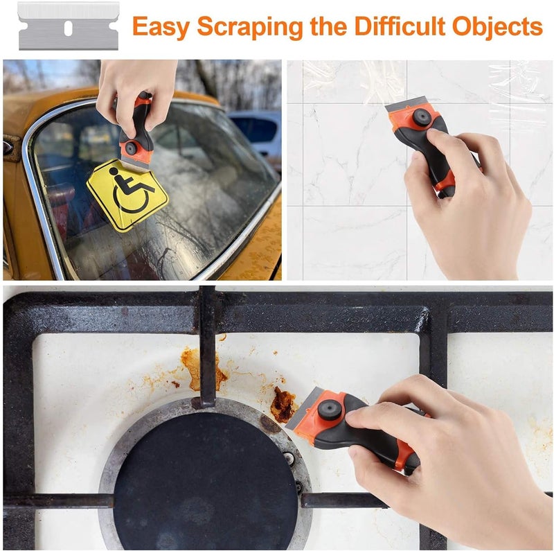 2 Pack Razor Blade Scraper, 2-in-1 Scraper Tool with 10 Pcs Plastic Blades and 10 Pcs Metal Blades, Multi-Purpose Cleaning Razor Scraper for Decals, Stickers, Labels, Caulk, Adhesive - Image 4