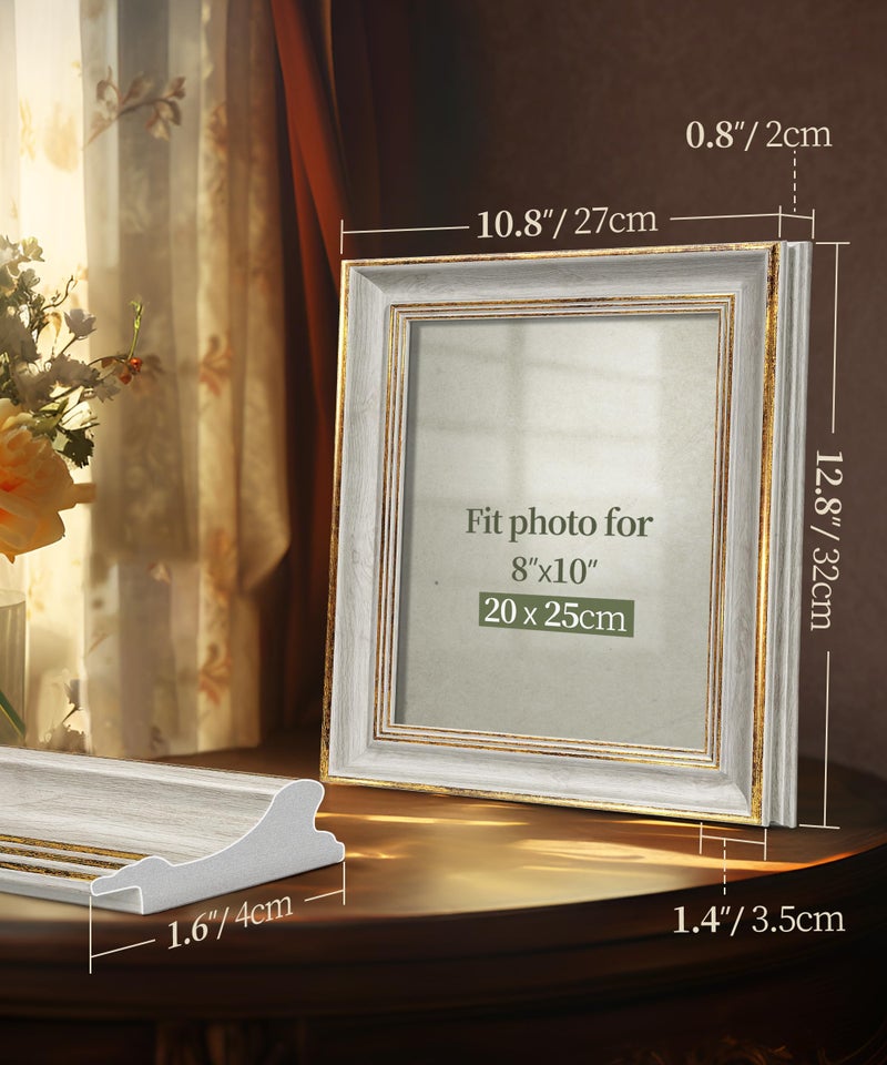 Afuly 8x10 Picture Frame Vintage Picture Frames Antique Retro White Gold Edge Photo Frame Gallery Wall Hanging Tabletop Display for Home Decor Birthday Gifts for Grandma Mom - Image 3