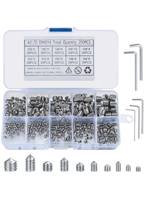 Stainless Steel Grub Cone Point Hex Socket Screws Set, 290 Pcs Metric Thread Allen Key Cup Screw Set with M3 M4 M5 M6 M8 for Door Handles Faucet Light Fixture