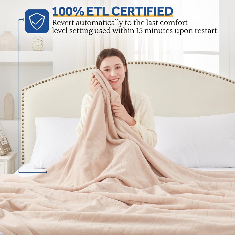 Sealy Electric Blanket King Size, Flannel Heated Blanket with10 Heating Levels & Auto Shut Off, Machine Washable, Beige, 100 x 90 Inch - Image 2