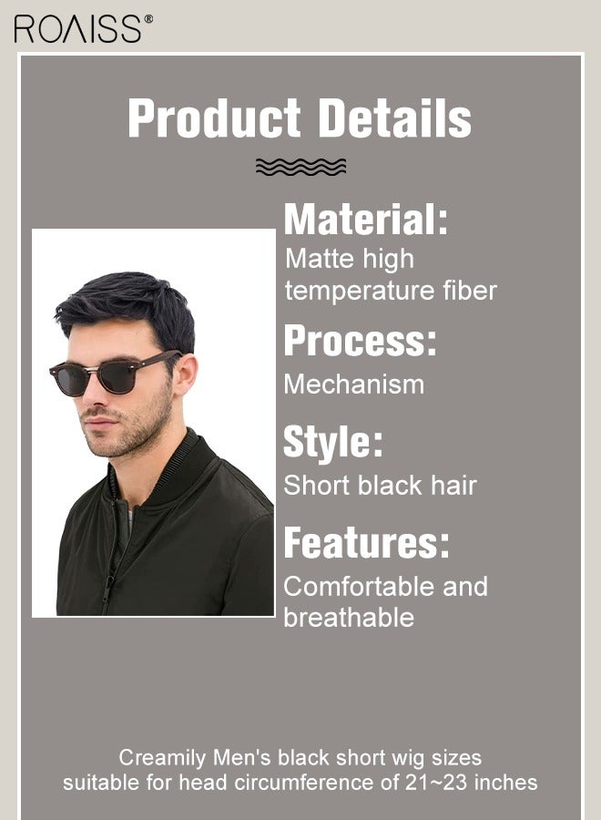 roaiss Men's Short Curly Hair Wig, Synthetic Natural Heat Resistant Fiber Breathable Hair Replacement Side-parting Wigs for Male for Daily Wear, Party, Costume, Cosplay, Black - Image 3