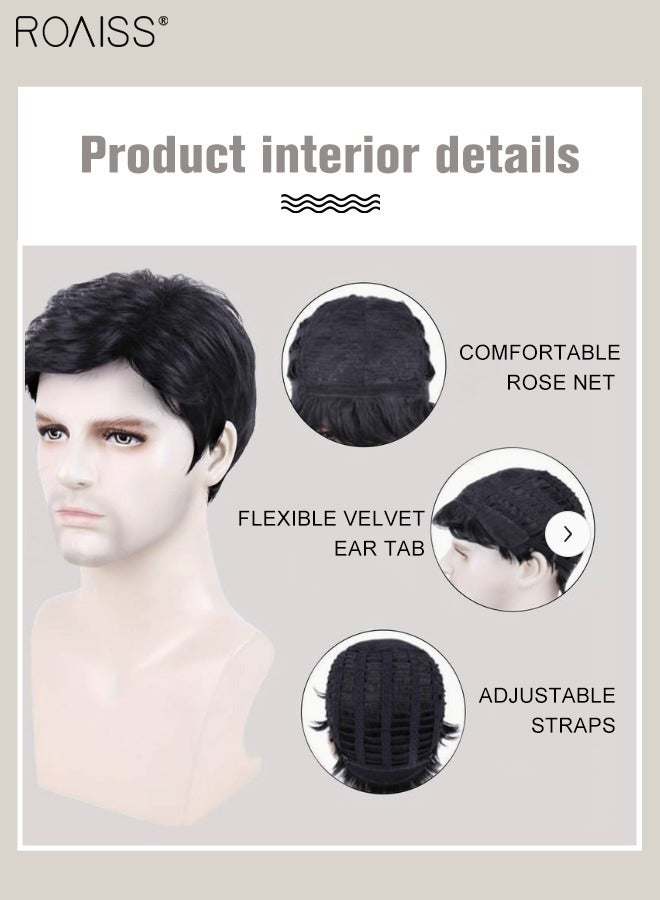 roaiss Men's Short Curly Hair Wig, Synthetic Natural Heat Resistant Fiber Breathable Hair Replacement Side-parting Wigs for Male for Daily Wear, Party, Costume, Cosplay, Black - Image 4