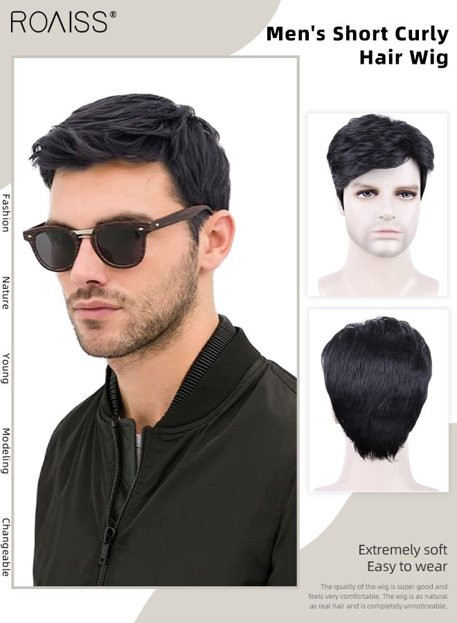 roaiss Men's Short Curly Hair Wig, Synthetic Natural Heat Resistant Fiber Breathable Hair Replacement Side-parting Wigs for Male for Daily Wear, Party, Costume, Cosplay, Black - Image 1