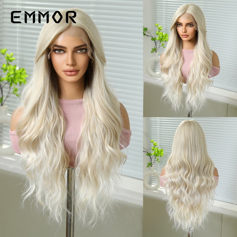EMMOR Cross-Border 13*6 Large Area Front Lace Wig, Medium Part, Highlighted Golden Color, Fluffy Long Curly Hair - Image 1