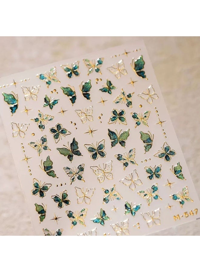 5D Embossed Green Butterfly Nail Sticker Self-Adhesive Resin Nail Art Decals with Crystal Embellishments for Women Suitable for DIY Nail Sticker - Image 1