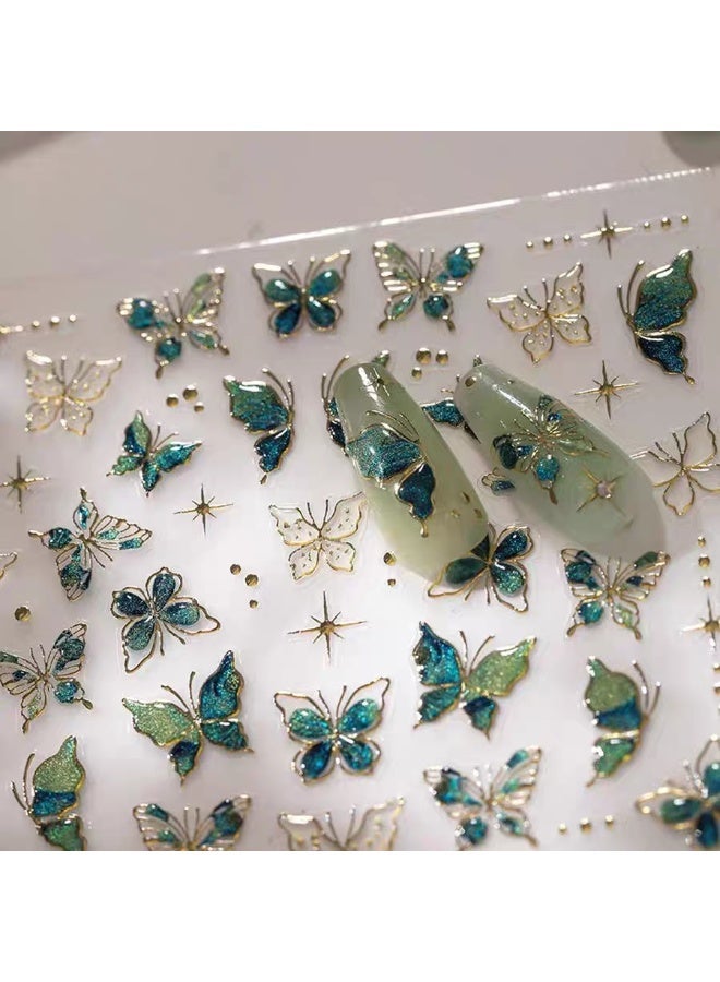 5D Embossed Green Butterfly Nail Sticker Self-Adhesive Resin Nail Art Decals with Crystal Embellishments for Women Suitable for DIY Nail Sticker - Image 2