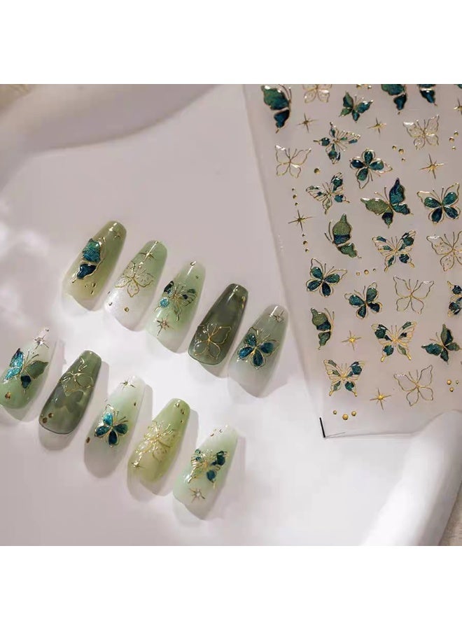5D Embossed Green Butterfly Nail Sticker Self-Adhesive Resin Nail Art Decals with Crystal Embellishments for Women Suitable for DIY Nail Sticker - Image 3
