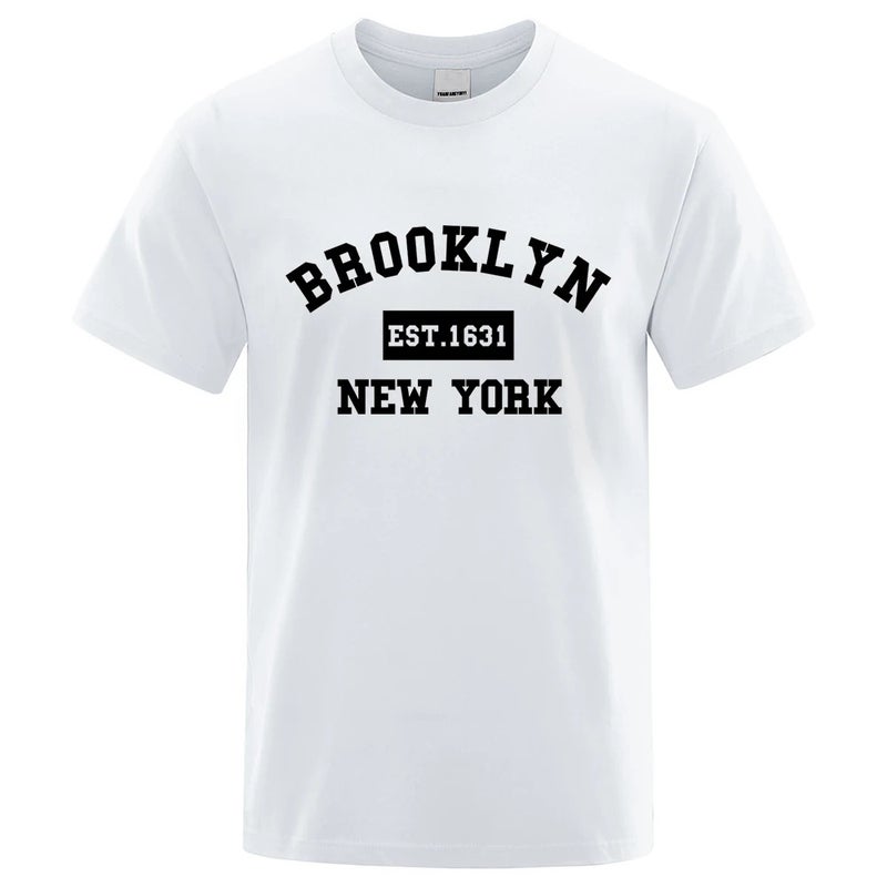 Brooklyn East 1631 New York Letter Print Men's Casual Loose Summer Cotton Top Fashion Breathable T-shirt - Image 1