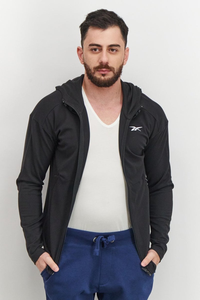 Reebok سويت شيرت رياضي للرجال بأكمام طويلة مع غطاء رأس وسحاب كامل، أسود - Image 1