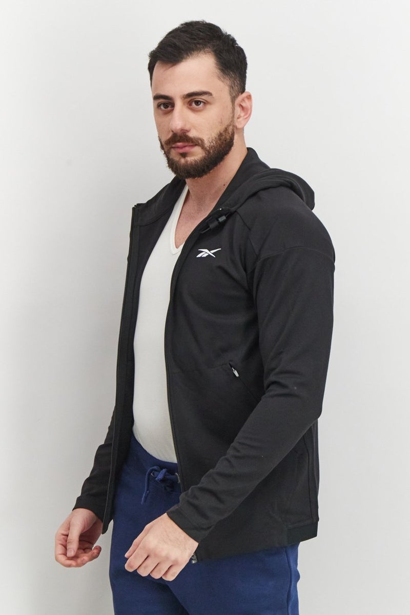 Reebok سويت شيرت رياضي للرجال بأكمام طويلة مع غطاء رأس وسحاب كامل، أسود - Image 2