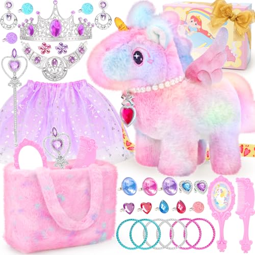 Tagitary Interactive Unicorn Plush Toy with Glowing Horns Walking Pony Realistic Stuffed Unicorn with Kids Dress Up Pretend Princess Jewelry ToysChristmas Birthday Gift Party Favors for Toddlers - Image 1