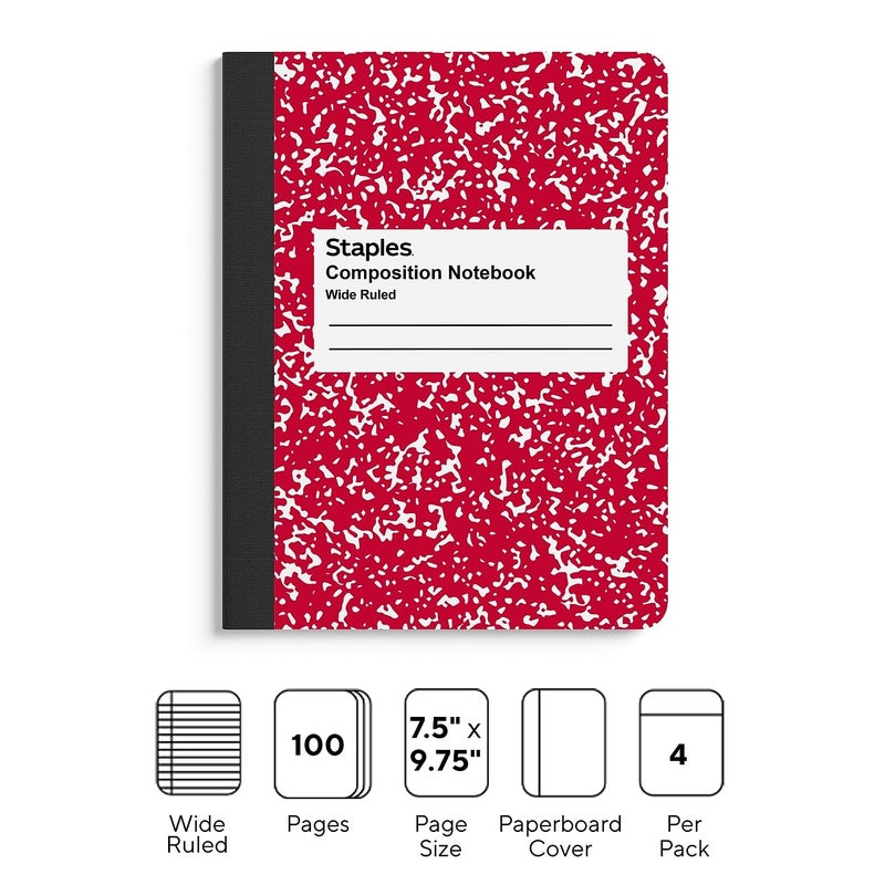 Staples دفتر ملاحظات STAPLES 75 x 975 مسطرة عريضة 100 ورقة بألوان غلاف متنوعة 4 عبوات غير معروفة - Image 2