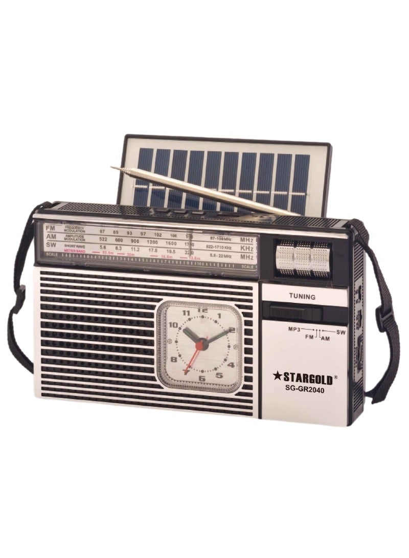 Stargold Portable Multi-Function FM/AM/SW Radio Clock Bluetooth Connect, TWS, TF Player, USB Player With 5V 1W Solar Panel - Image 1