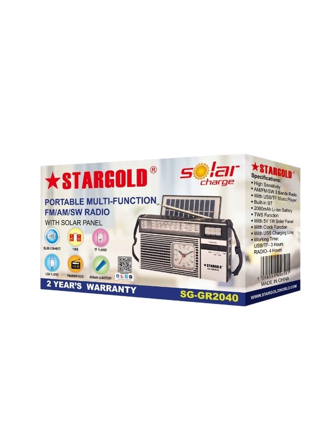 Stargold Portable Multi-Function FM/AM/SW Radio Clock Bluetooth Connect, TWS, TF Player, USB Player With 5V 1W Solar Panel - Image 2