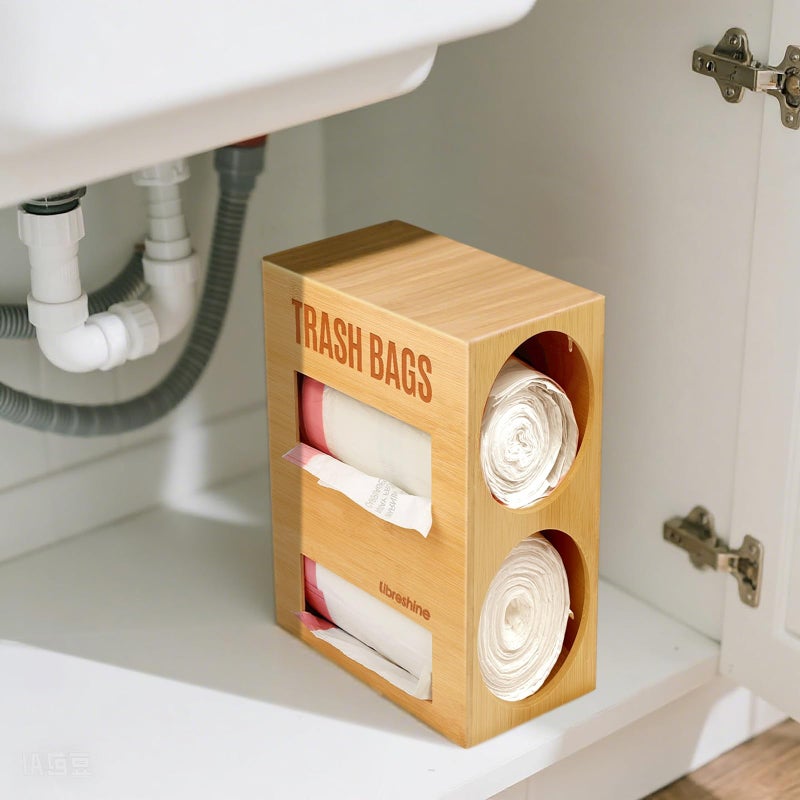 Libreshine Dual Roll Bamboo Trash Bag Dispenser & Grocery Bag Holder, 2-Compartment Organizer for 13â€“33 Gallon Rolls (Fits Up to 5.2â€Dia), Wall Mount or Under Sink, Stackable Storage - Image 2