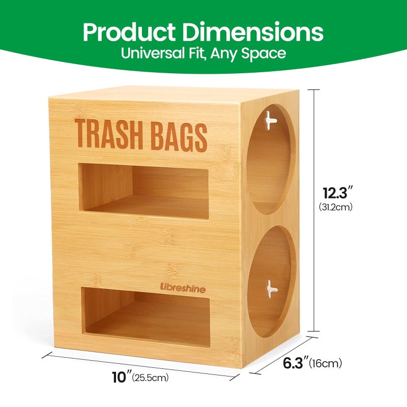 Libreshine Dual Roll Bamboo Trash Bag Dispenser & Grocery Bag Holder, 2-Compartment Organizer for 13â€“33 Gallon Rolls (Fits Up to 5.2â€Dia), Wall Mount or Under Sink, Stackable Storage - Image 4