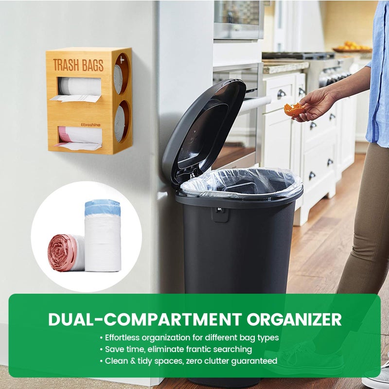 Libreshine Dual Roll Bamboo Trash Bag Dispenser & Grocery Bag Holder, 2-Compartment Organizer for 13â€“33 Gallon Rolls (Fits Up to 5.2â€Dia), Wall Mount or Under Sink, Stackable Storage - Image 5