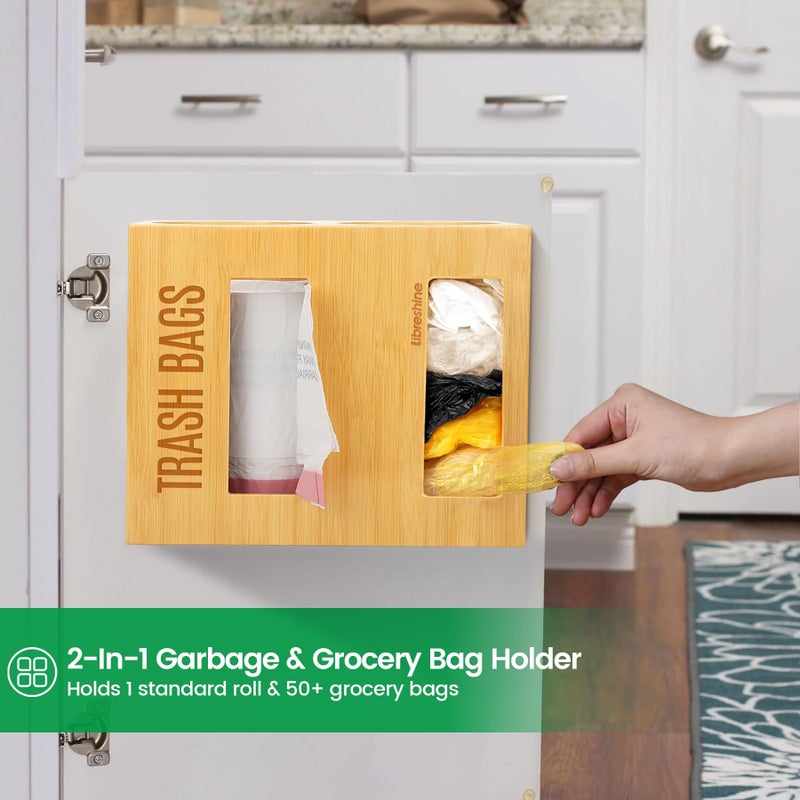 Libreshine Dual Roll Bamboo Trash Bag Dispenser & Grocery Bag Holder, 2-Compartment Organizer for 13â€“33 Gallon Rolls (Fits Up to 5.2â€Dia), Wall Mount or Under Sink, Stackable Storage - Image 3