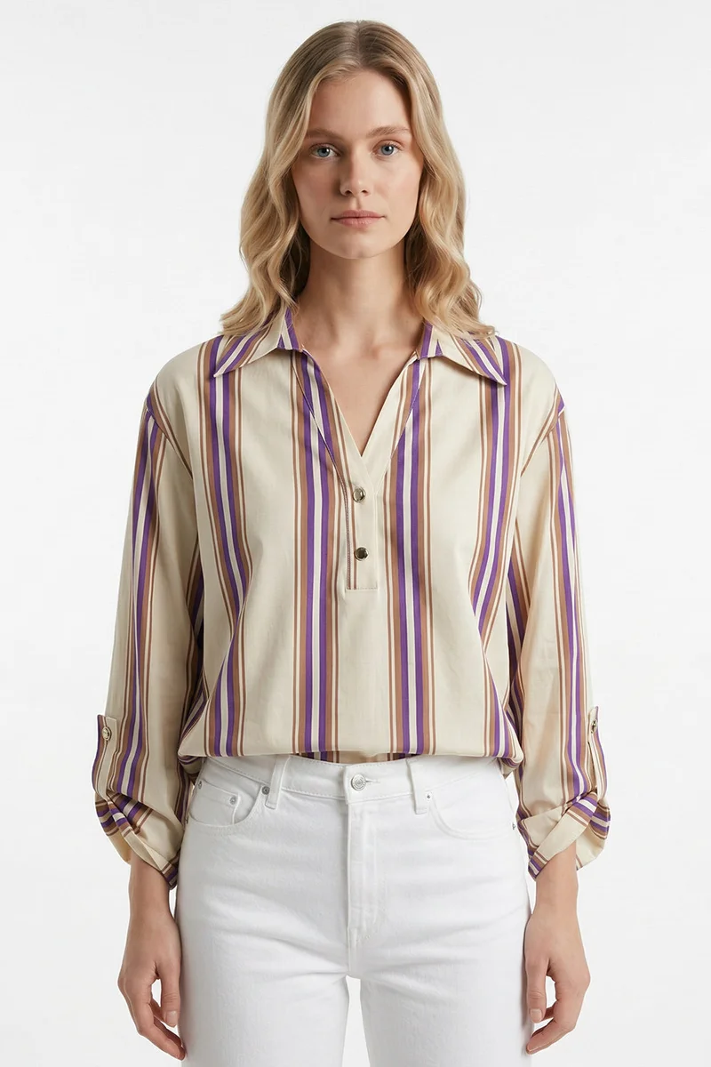 Exquise Shirt Collar Buttoned Long Sleeved Epaulette Regular Multicolored Blouse