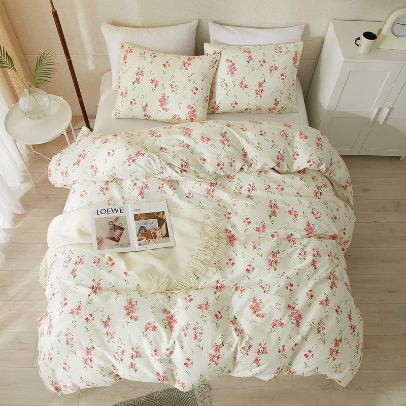 MOTNTD Floral Duvet Cover Twin Soft Cotton Bedding Set Twin Aesthetic Shabby Chic Girls Flower Pattern Duvet Cover Set 3 Piece Breathable Garden Botanical Comforter Cover with 2 Pillowcases - Image 1