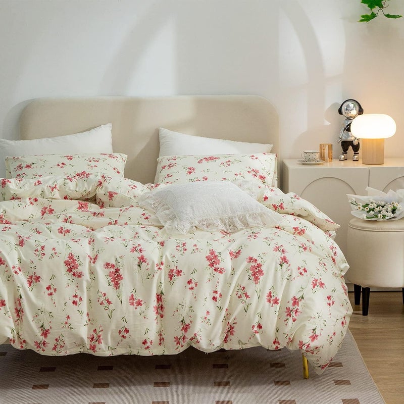 MOTNTD Floral Duvet Cover Twin Soft Cotton Bedding Set Twin Aesthetic Shabby Chic Girls Flower Pattern Duvet Cover Set 3 Piece Breathable Garden Botanical Comforter Cover with 2 Pillowcases - Image 2