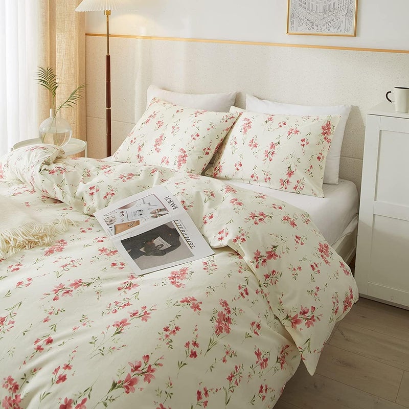 MOTNTD Floral Duvet Cover Twin Soft Cotton Bedding Set Twin Aesthetic Shabby Chic Girls Flower Pattern Duvet Cover Set 3 Piece Breathable Garden Botanical Comforter Cover with 2 Pillowcases - Image 3