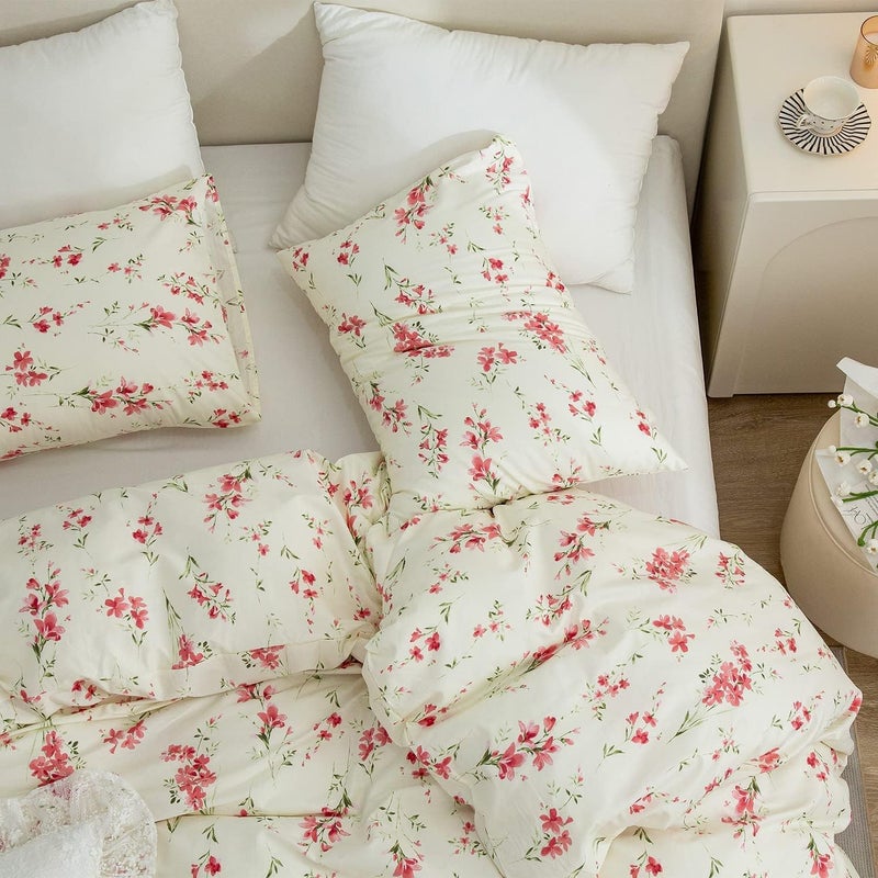 MOTNTD Floral Duvet Cover Twin Soft Cotton Bedding Set Twin Aesthetic Shabby Chic Girls Flower Pattern Duvet Cover Set 3 Piece Breathable Garden Botanical Comforter Cover with 2 Pillowcases - Image 4