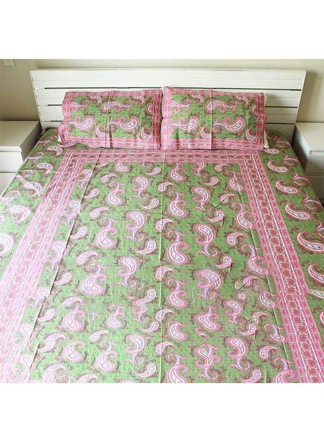 IndiaWeaves Bedsheet and two Pillow Covers baby pink and light green paisley print - Image 2