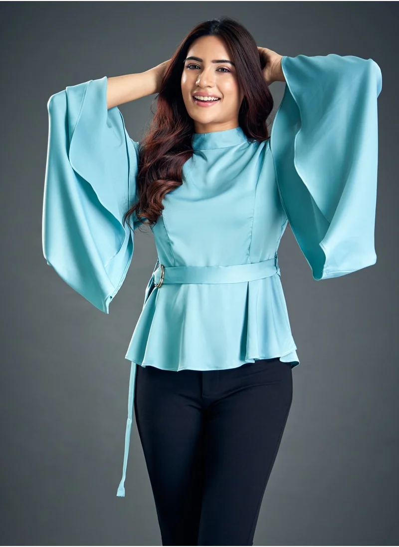 Zigzag Trumpet Sleeve Light Blue Satin Blouse