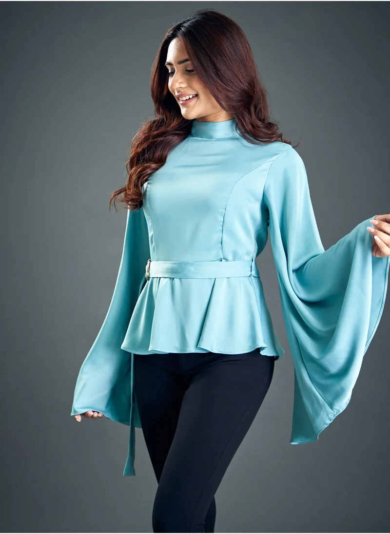 Zigzag Trumpet Sleeve Light Blue Satin Blouse