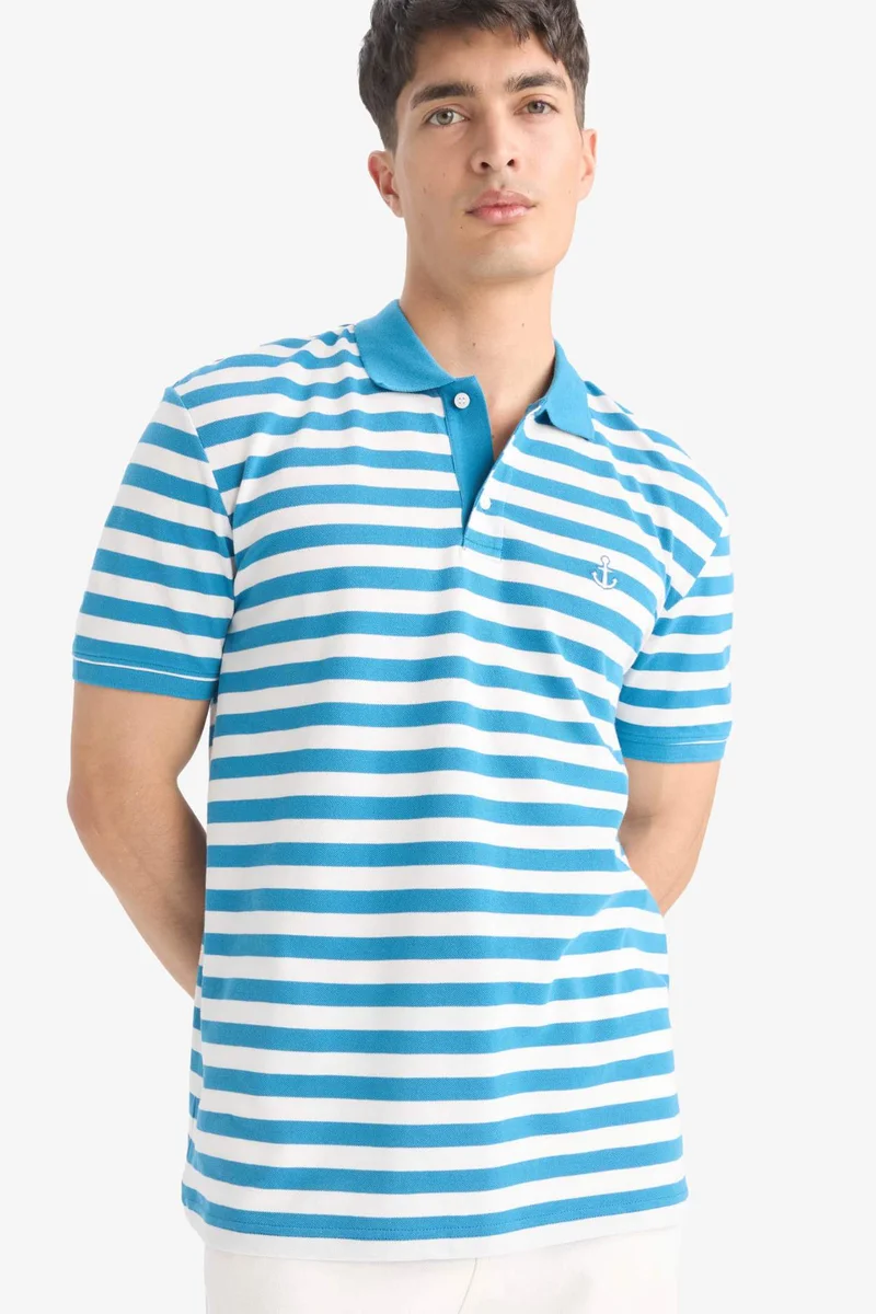 ديفاكتو Regular Fit Pique Cotton Striped Polo T-Shirt
