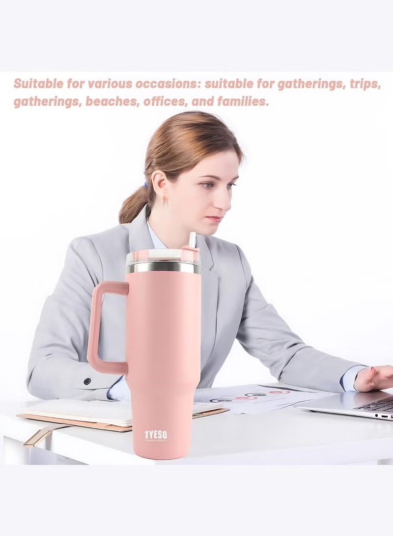 Tyeso 30 oz Tumbler with Handle, Straw and Lid - Leak Resistant Insulated Stainless Steel Water Bottle, Car Cup Holder Friendly Travel Coffee Mug (Pink) - Image 3