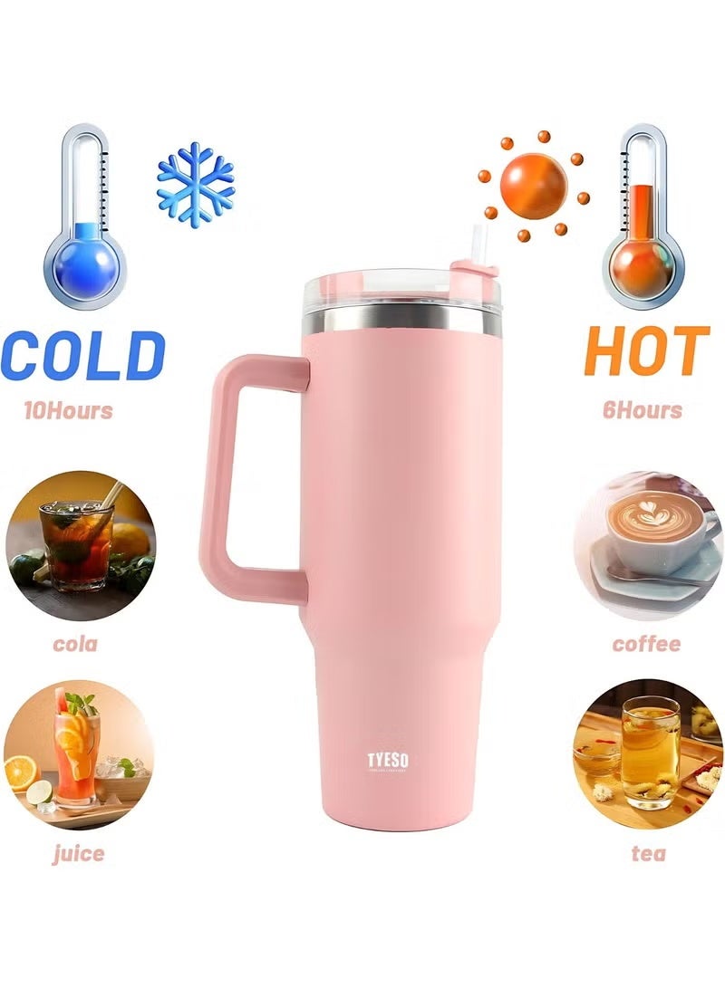 Tyeso 30 oz Tumbler with Handle, Straw and Lid - Leak Resistant Insulated Stainless Steel Water Bottle, Car Cup Holder Friendly Travel Coffee Mug (Pink) - Image 4