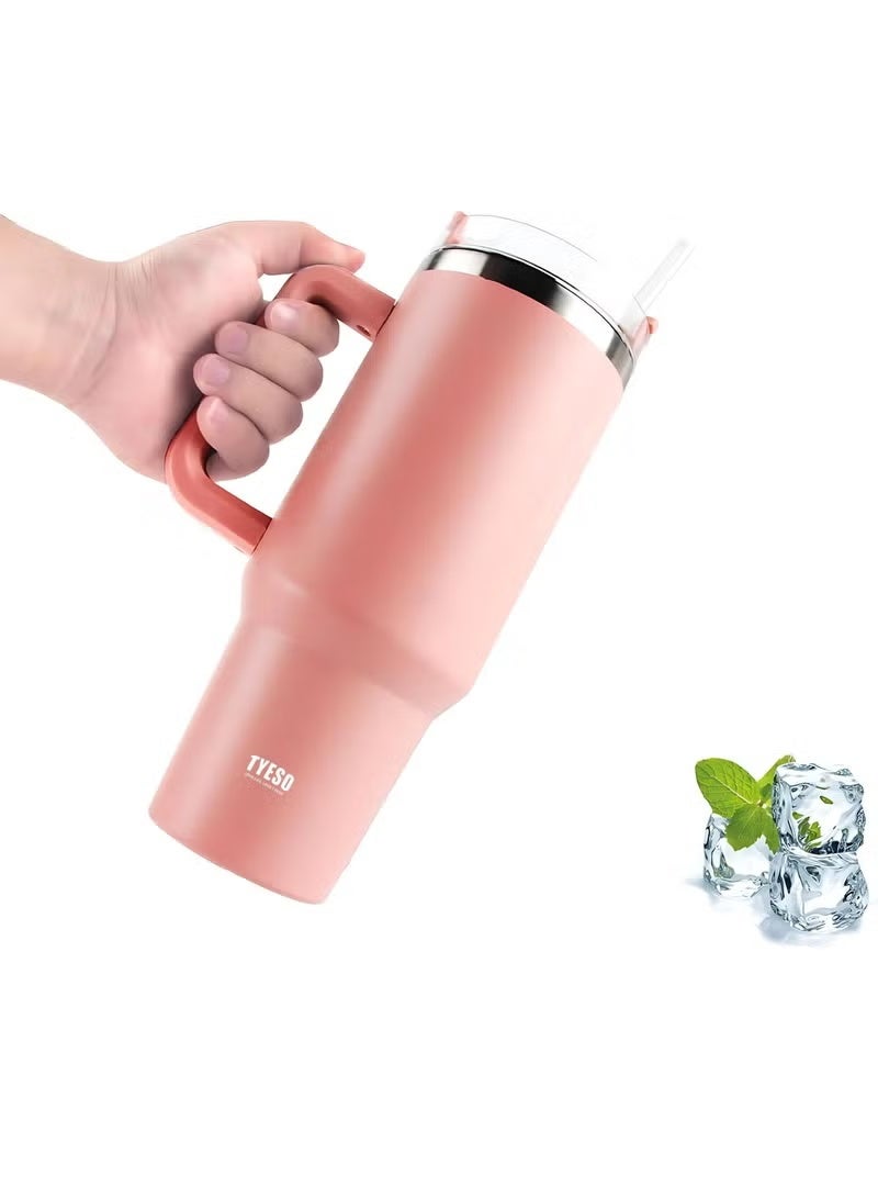Tyeso 30 oz Tumbler with Handle, Straw and Lid - Leak Resistant Insulated Stainless Steel Water Bottle, Car Cup Holder Friendly Travel Coffee Mug (Pink) - Image 2