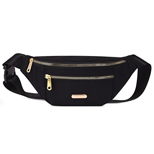 DAITET Fashionable Black Fanny Pack for Men&Women, Crossbody Waist Bag with Adjustable Belt, Large Capacity Bum Bag for Traveling Hiking Cycling Workout Casual(Black Gold Zipper) - Image 1