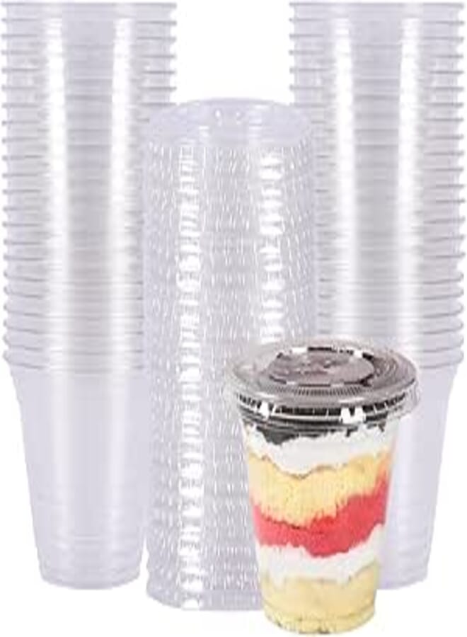 JAYEEY 9 oz Disposable Clear PET Plastic Cups With Flat Lids Perfect for Cake Cup Cold Drinks Coffee Smoothie Dessert Cups BPA Free 50 Pack
