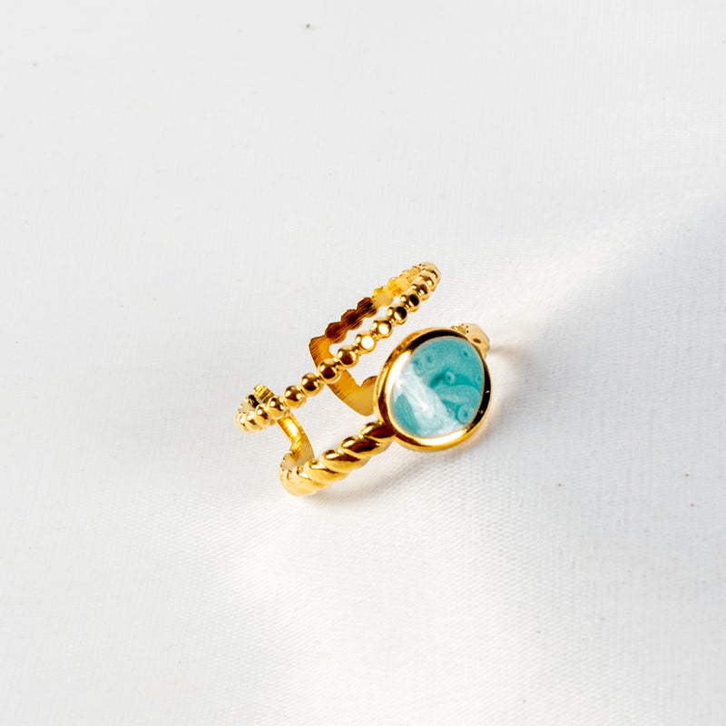 The Black Pearl Accessories Free Size Stainless Steel Golden Ring With Blue Enamel - Image 1