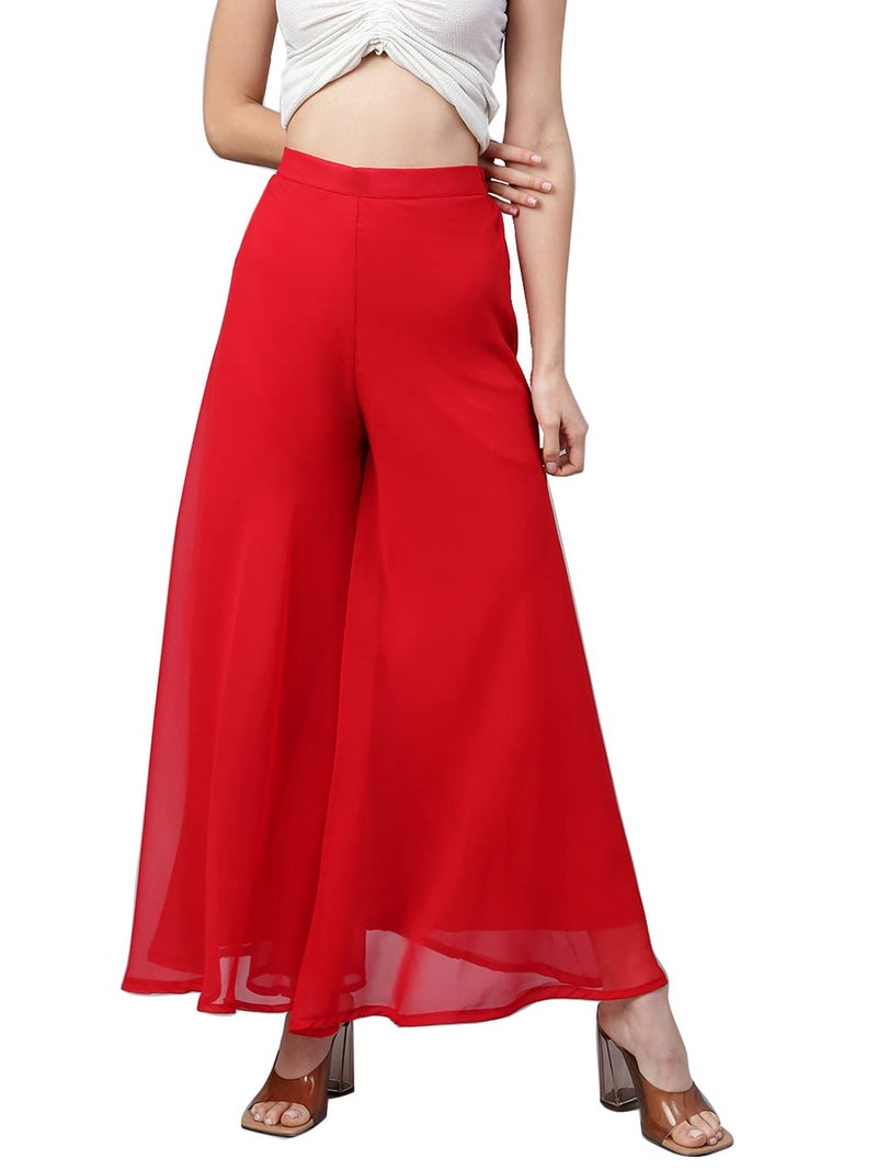 RATAN Women High Rise Georgette Flared Freesize Relaxed Fit Sharara Palazzo Pant With Lining (Red_Onesize) - Image 1