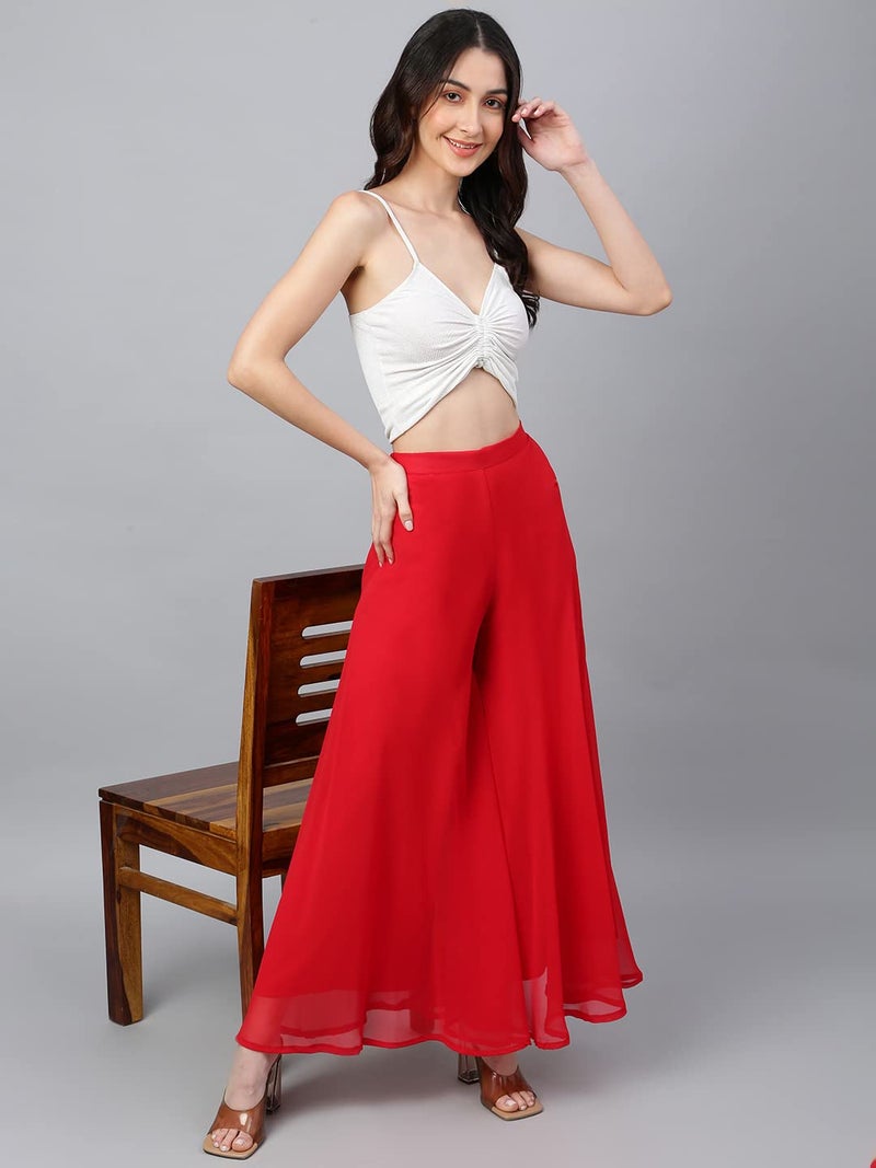 RATAN Women High Rise Georgette Flared Freesize Relaxed Fit Sharara Palazzo Pant With Lining (Red_Onesize) - Image 3