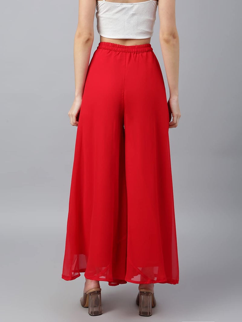 RATAN Women High Rise Georgette Flared Freesize Relaxed Fit Sharara Palazzo Pant With Lining (Red_Onesize) - Image 2