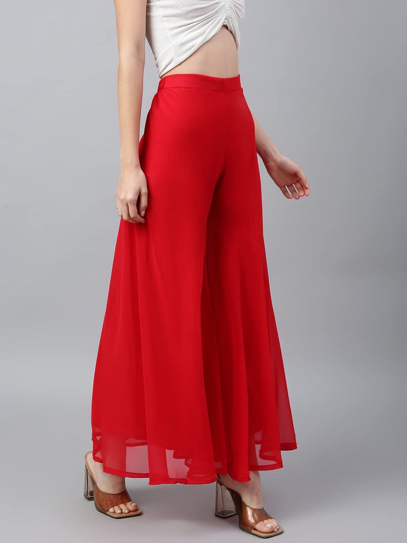 RATAN Women High Rise Georgette Flared Freesize Relaxed Fit Sharara Palazzo Pant With Lining (Red_Onesize) - Image 4