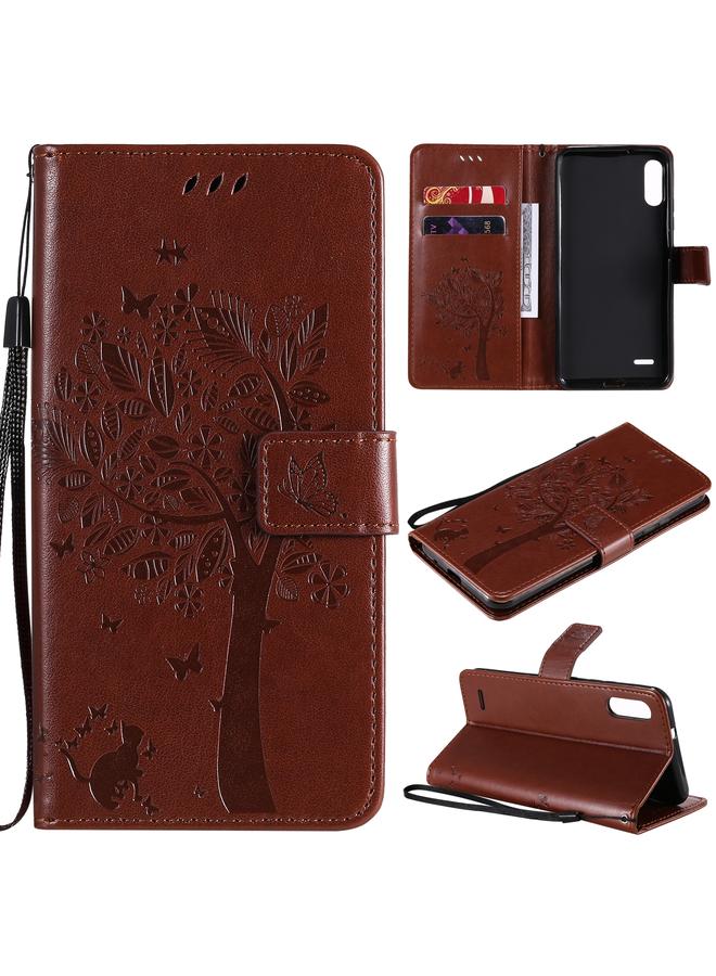 اس-توب جراب لهاتف LG K22 / K22 Plus، جراب من جلد البولي يوريثان بطباعة مضغوطة بنمط شجرة وقط، مع حامل وفتحات للبطاقات ومحفظة وحبل تعليق - Image 1