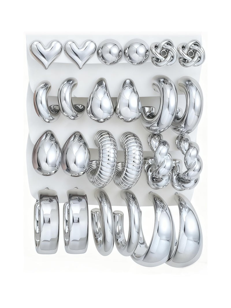 17mile 12 Pairs Chunky Silver Hoop Earrings for Women Trendy, Silver Plated Lightweight Classics Thick Open Stack, Non Tarnish Twisted Huggie Hoops Earring Set - Image 1