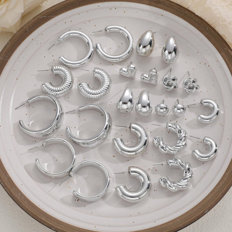 17mile 12 Pairs Chunky Silver Hoop Earrings for Women Trendy, Silver Plated Lightweight Classics Thick Open Stack, Non Tarnish Twisted Huggie Hoops Earring Set - Image 5