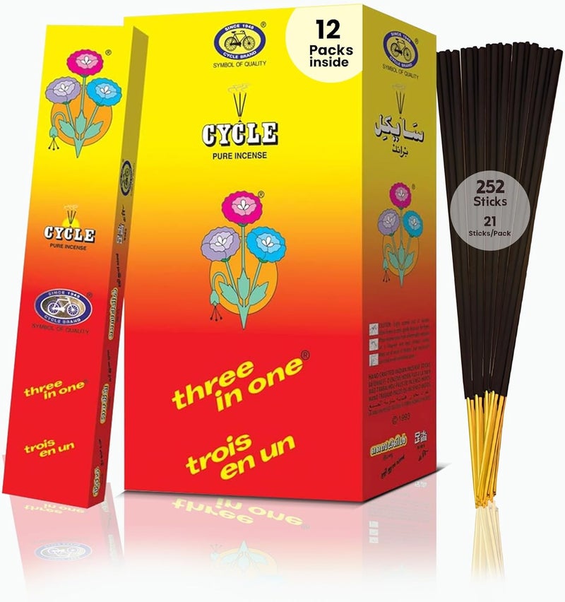 Cycle Brand Three in One Incense Sticks | 9'' Inch Agarbatti Sticks with 40 Mins Burning time | 3 Signature Natural Fragrances Floral, Woody, Lily | 21 Sticks/Pack, 12 Packs/Box, 252 Sticks/Box - Image 1